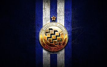 Mineros de Guayana FC, golden logo, La Liga FutVe, blue metal background, football, Venezuelan football club, Mineros de Guayana logo, soccer, Venezuelan Primera Division, ACCD Mineros de Guayana HD wallpaper