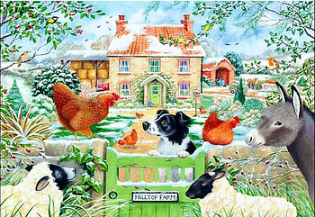 Hill Top Farm, dog, birds, poultry, sheep, fence, snow, cottage, donkey, painting HD wallpaper