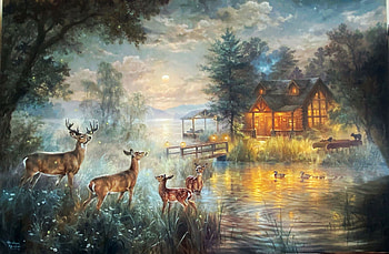 Night Life, trees, sky, water, moonrise, reflections, lake, house, artwork, painting, deer HD wallpaper