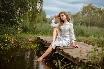 Girl Cooling Off in a Creek, creek, model, dress, blonde HD wallpaper