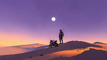 Desert Wanderer Under Twilight Moon Motorcyclist, desert, moon, sky, purple, dunes, sand, bike, helmet, artist, artwork, art, digital-art, ai HD wallpaper