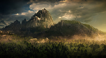 Forest Peaks, birds, woods, landscape, mountain, dragon, clouds, nature, sky, forest HD wallpaper