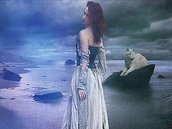 Hidden sorrow, lady, wolf, fantasy, water HD wallpaper