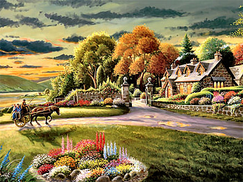 Coming Home - Cottage C, horse, architecture, art, landscape, beautiful, illustration, artwork, scenery, wide screen, painting, equine, cottage HD wallpaper