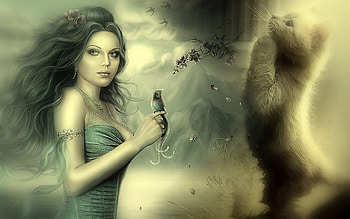 I want that Birdy, soft, cat, woman, birdy HD wallpaper