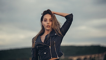 Black Leather Clothing Girl Hands In Hair , jacket, leather, girls, model HD wallpaper
