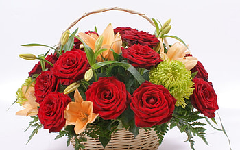 Flowers, Grass, Roses, Lilies, Basket, Composition HD wallpaper