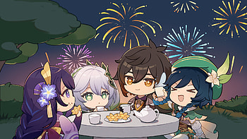 Tea & Fireworks: Zhongli, Venti, Raiden Shogun & Nahida (Genshin ), Zhongli (Genshin Impact), Venti (Genshin Impact), Baal Raiden Shogun (Genshin Impact), Nahida (Genshin Impact), video game, Genshin Impact HD wallpaper