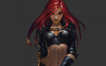 Katarina, black, fantasy, league of legends, game, redhead, girl, woman HD wallpaper