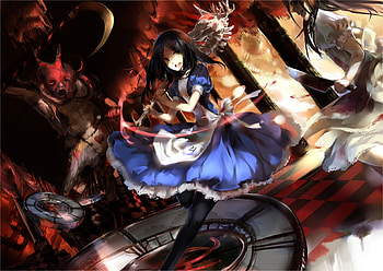 Welcome to Wonderland!, long hair, bone, dress, alice, apron, alice in wonderland, knife, checkered, checkered floor, h2soancel, black hair, alice madness return, scythe, pantyhose, pocket watch, anime, weapon, green eyes HD wallpaper