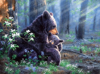 We're Alright, bears, cub, attractions in dreams, forests, paintings, spring, hugs, family, animals, nature, flowers, love for seasons HD wallpaper