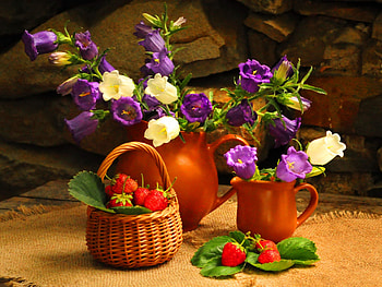 Still life, srtawberries, colorful, table, room, vase, field flowers, beautiful, fruits, nice, basket, leaves, pretty, flowers, lovely HD wallpaper