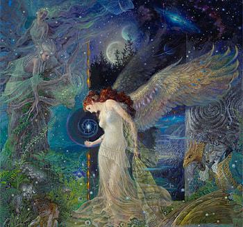 Angel, blue, fantasy, green, kinuko y craft HD wallpaper