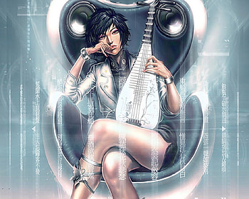Guitar Girl, white, fantasy, brunette, guitar, girl HD wallpaper