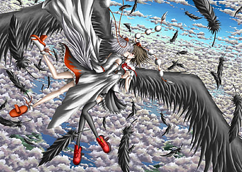 Sky High, wings, feather, inubashiri momiji, anime, touhou, clouds, kiss, sky, shameimaru aya HD wallpaper