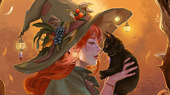 Witch with black kitten, alicja siemiatkowska, cat, witch, hat, kitten, black, girl, orange, halloween, fantasy, pisici, redhead HD wallpaper
