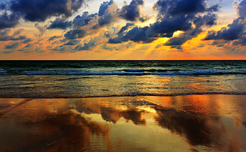 Evening Sky, Beach, Reflection, Sunset, Clouds HD wallpaper