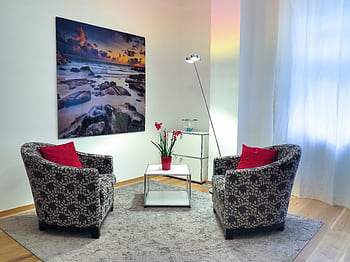 Elegant living room showcasing modern chairs, art, and decor for a stylish home setup. HD wallpaper