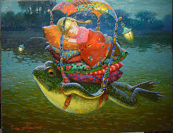 :), art, frog, orange, copil, painting, fantasy, boy, pictura, green, victor nizovtsev, lantern, water, child, sleep HD wallpaper