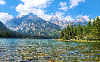 Taggart Lake, Grand Teton National Park, Wyoming, clouds, landscape, trees, sky, water, mountains HD wallpaper