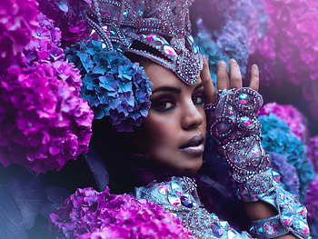 Yazzmin, style, model, hydrangea, eyes, face, flowers, girl HD wallpaper
