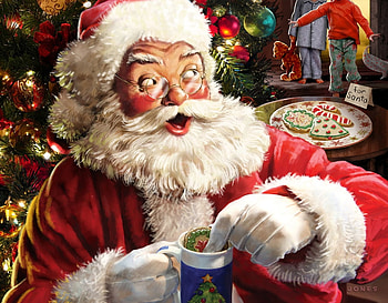 Santa, craciun, art, cookie, cup, painting, pictura, christmas, larry jones HD wallpaper