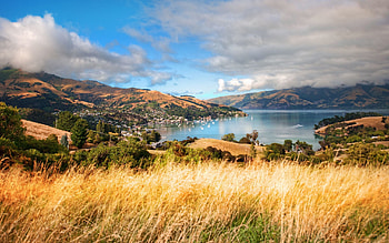 Nature, Trees, Grass, Mountains, Ships, Sea, Clouds, Coast, Height, View HD wallpaper