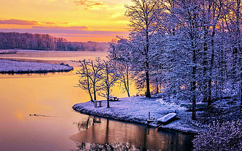 Lake Rillhurst, Virginia, winter, golden, snow, landscape, trees, usa, sunrise HD wallpaper