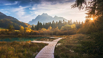 Slovenia, Lake Zelenci, Ponce Mountains, morning, path, clouds, autumn, trees, landscape, sky, misty, sunrise HD wallpaper