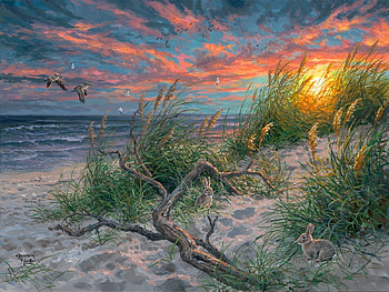Sunset beach life, sea, art, abraham hunter, beach, bunny, painting, pictura, water, sunset, rabbit HD wallpaper