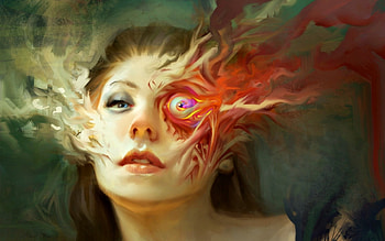Desintegrated, art, girl, miles-johnston, woman, fantasy, green, red, eye HD wallpaper