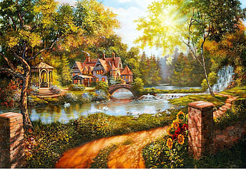 Cottage by the River, gate, gazebo, artwork, painting, waterfall, trees, bridge, sky, road, countryside HD wallpaper