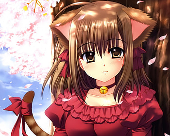 Neko Chan, nekomimi, yellow eyes, cute, dress, nice, petals, short hair, female, sexy, sweet, neko mimi, hot, girl, tail, close up, anime girl, neko, anime, pretty, ears, brown hair, lovely HD wallpaper