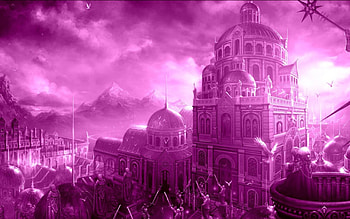 Battle scene, scene, bird, people, pink, fantasy, building, game, view, fighter, sky, cloud HD wallpaper
