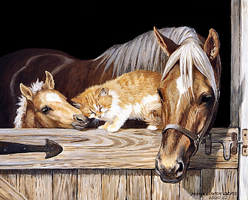 A new friend, animal, horse, cute, cal, cat, medley in gold, pisica, painting, pictura, persis clayton weirs HD wallpaper