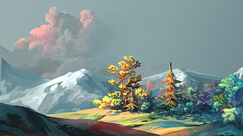 Trees, Sky, Art, Mountains, Forest HD wallpaper