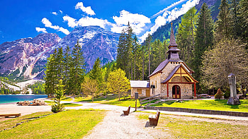 Church and Braies lake in Dolomites, Italy, path, clouds, benches, sky, alps, mountains HD wallpaper