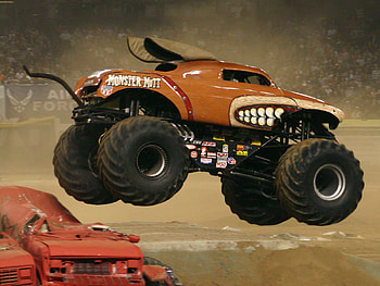 Flying-Monster-Truck, auto, monster truck, orange, big wheels HD wallpaper