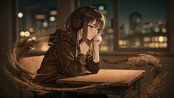 Lofi Girl — Midnight Melancholy, Sad Lofi Girl, Anime Girl, Heads, Desk, Cityscape HD wallpaper