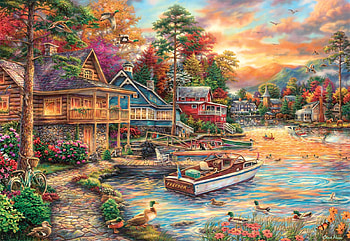 dom at the Lake, artwork, river, painting, boats, trees, piers, houses, village HD wallpaper