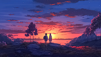 Anime Girl Boy Sunset At Lake , anime-boy, anime-girl, anime, sunset, lake, artist, artwork, digital-art, deviantart HD wallpaper