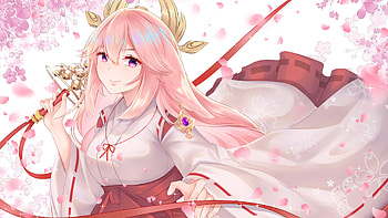Purple Eyes Pink Hair Yae Miko Guuji Genshin Impact HD wallpaper