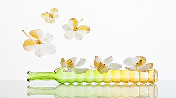 Flower, design, petals, green, flowers, bottle HD wallpaper