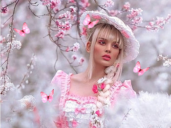 Perfectly Pink Ladies 2, pink, white, blossoms, soft, flowers, girl, cherry blossoms, hat HD wallpaper