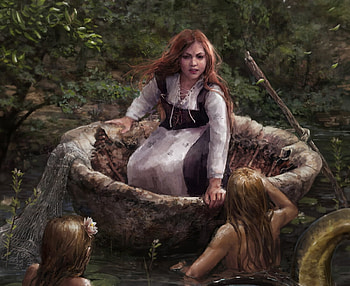 Curious mermaids, boat, mermaid, fishergirl, girl, dark, summer, fantasy, water, siren, vara, runa ivana rosenberger HD wallpaper