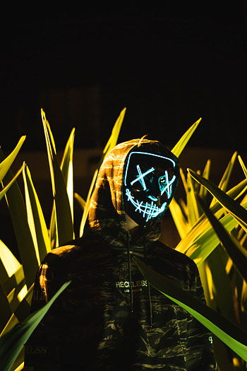 Mask, Leaves, Dark, Illumination, Backlight, Anonymous, Hood HD phone wallpaper