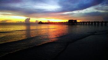 Pier, sunset, beach, silhouette HD wallpaper