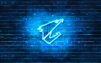 Aorus blue logo, , blue brickwall, Aorus logo, brands, Aorus Gigabyte, Aorus neon logo, Aorus HD wallpaper