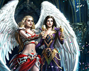Angels, wings, white, blonde, art, brunette, girl, angel, woman, purple, feather, bogdan-mrk, fantasy, red HD wallpaper