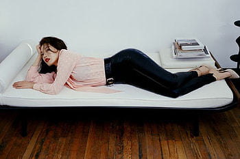 QI SHU, black, high heels, leather pants, dark brunette, pink shirt with white polka dots, belt HD wallpaper